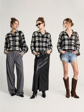 Zara Relaxed Fit Plaid Flannel Button Down Shirt Women’s XL Black White Purple